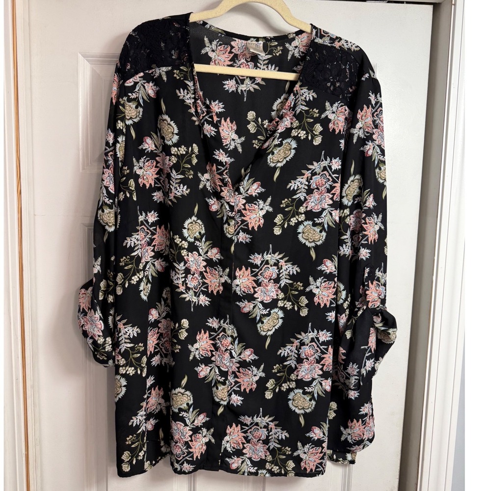 Terra & Sky Womens 3X Black Soot Floral Roll Tab Sleeve V-Neck Blouse